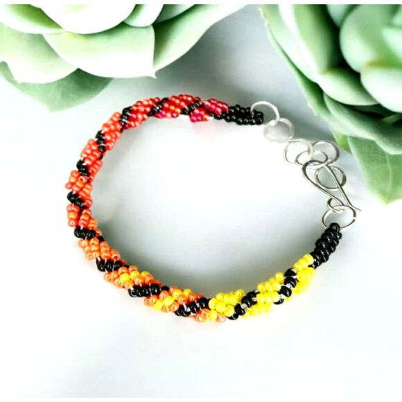 Adjustable Gradient Beaded Bracelet, Seed Bead Jewelry, Red Orange Yellow Black - Picture 1 of 8